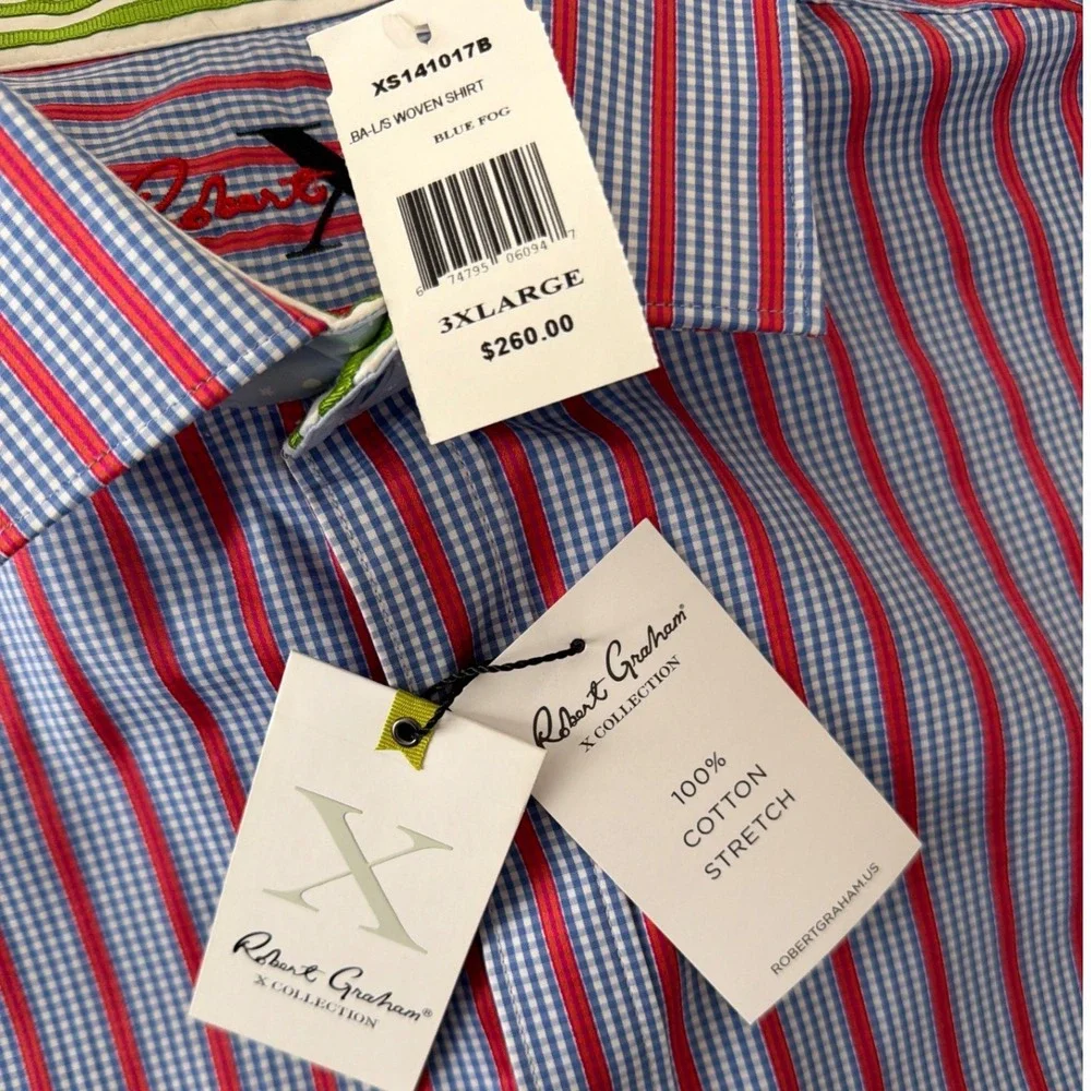 Robert Graham Mens XXL‎ X Collection Red Blue Gingham Striped Button Down Shirt